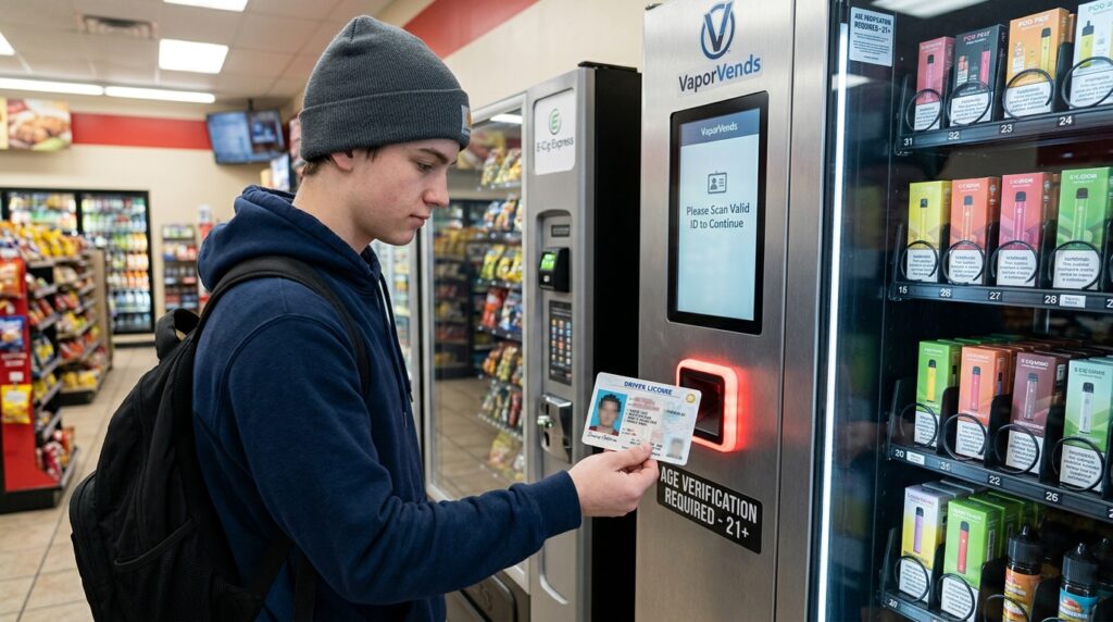 boy scanning his id card to buy vape from vape vending machine