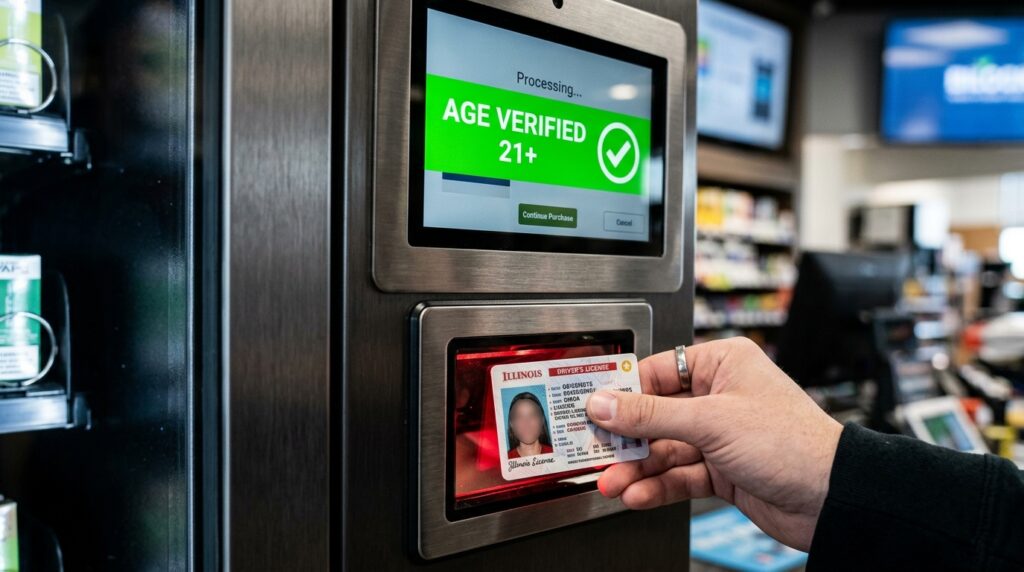 girl scanning her driving license on vape vending machine to buy vape
