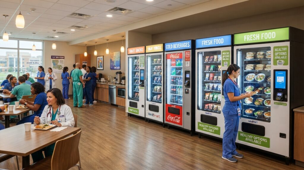 food vending machines placed at a hospital. Nurses buying food from it