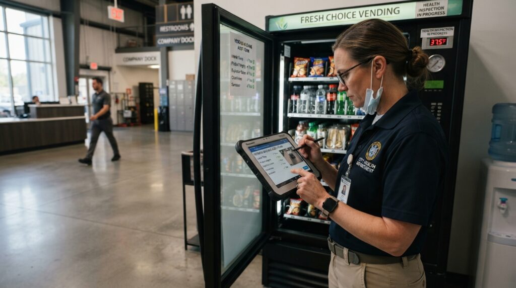 Health department inspector performing a food safety temperature audit on a food vending machine.