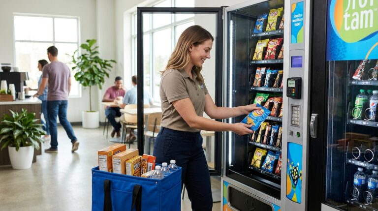 woman restoking her combo vending machine