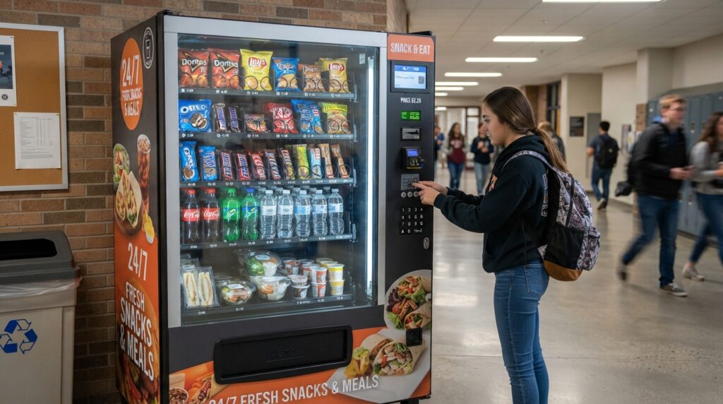 girl buying snacks from food and snacks vending machine