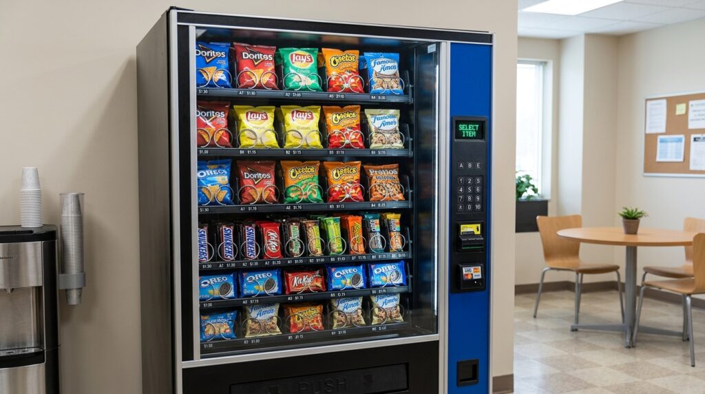 snack vending machine full of snacks including chips, biscuits and chocolates