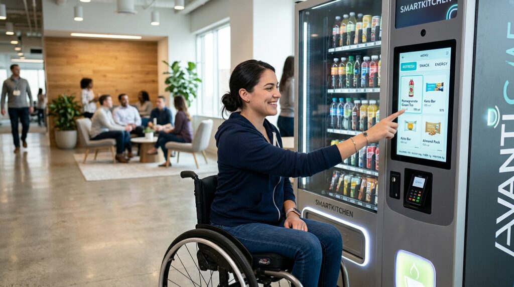 woman on wheelchair using smart vending machine

