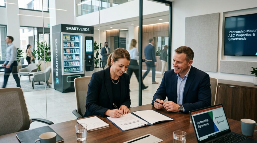 woman happy to sign smart vending machine placement agreement