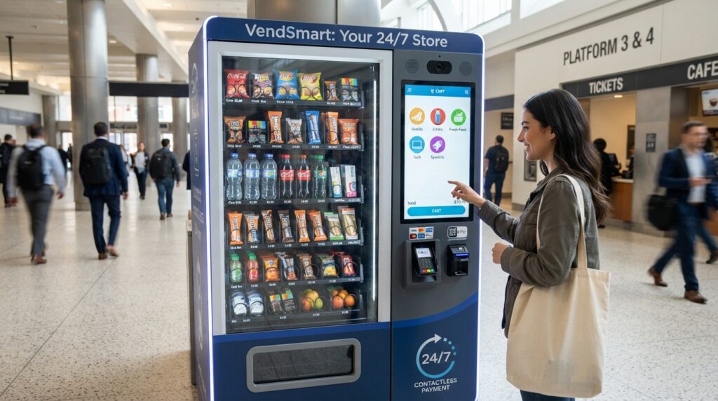 women purchasing items from smart vending machine