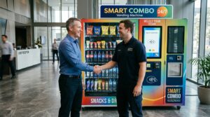 2 man shaking hand over successful smart combo vending machine placement agreement