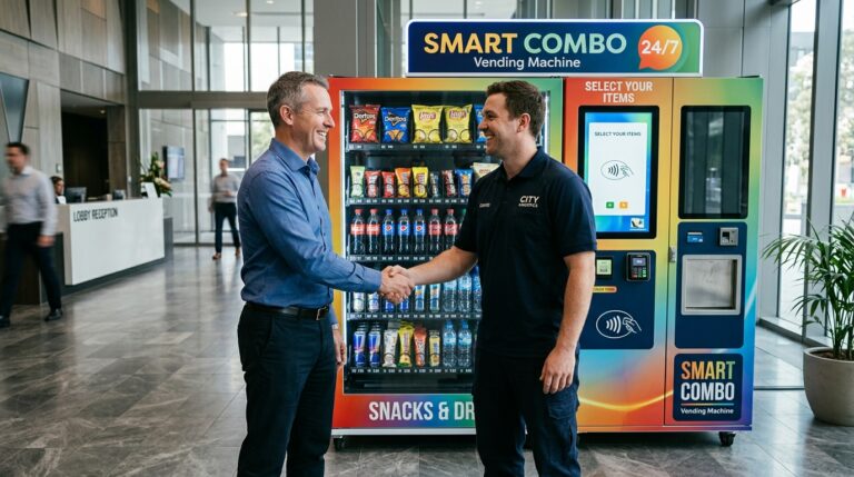 2 man shaking hand over successful smart combo vending machine placement agreement