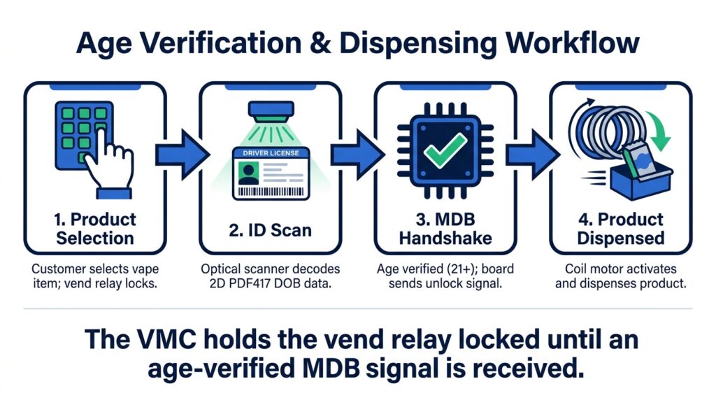 Workflow diagram illustrating the 4-step age verification process for vape vending machines: Selection, ID Scan, MDB Handshake, and Product Vend on a solid white background.
