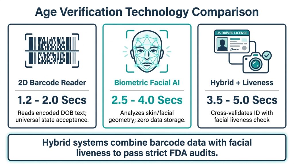 Visual comparison diagram contrasting 2D PDF417 Barcode Scanning, Biometric Facial Age Estimation, and Hybrid Dual-Technology systems on a solid white background.