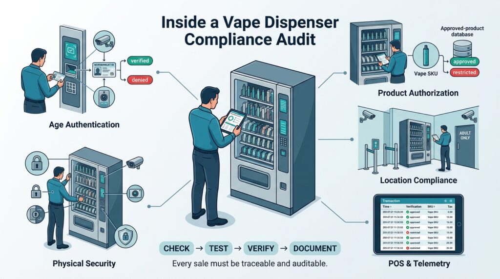 Compliance auditor inspecting an automated vape dispenser for age authentication, product authorization, location compliance, POS telemetry, and physical security.
