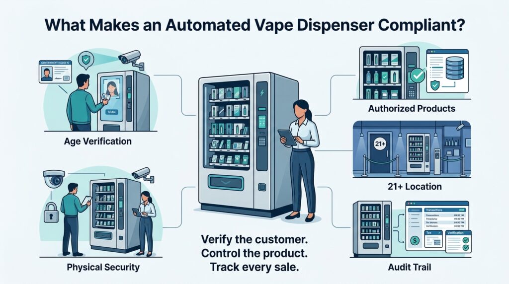Automated vape dispenser compliance diagram showing age verification, authorized products, 21+ location controls, transaction audit trails, and physical security.