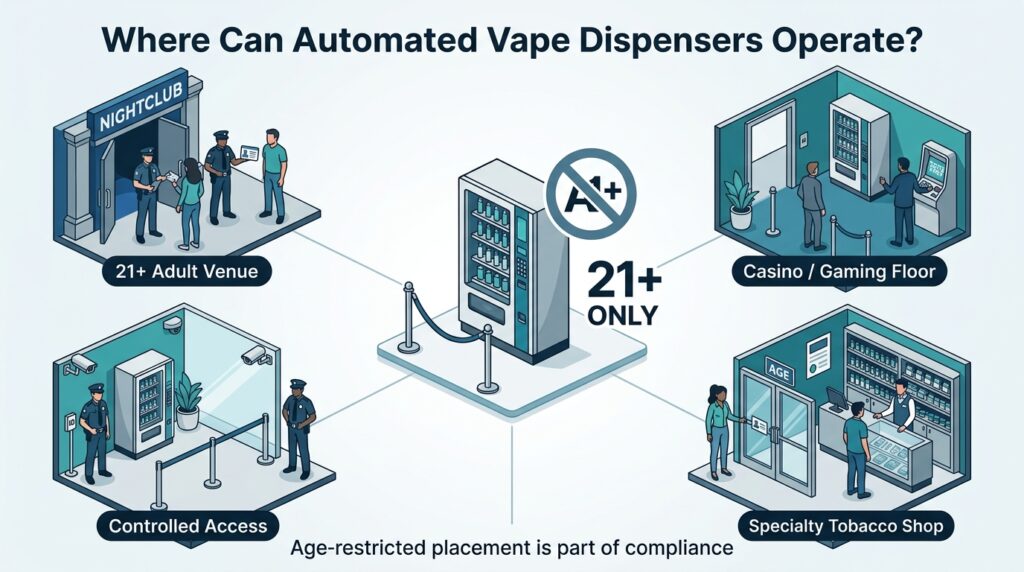 Automated vape dispenser placed in age-restricted venues, showing 21+ access controls, security supervision, casinos, adult bars, and specialty tobacco shops.