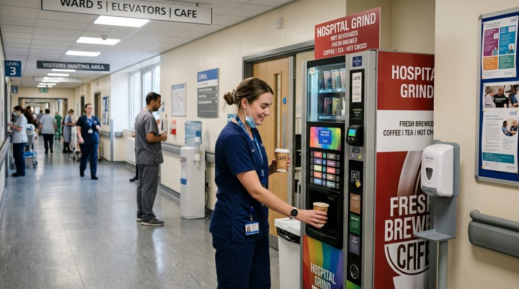 Nurse purchasing coffee from a coffee vending machine in a hostpital