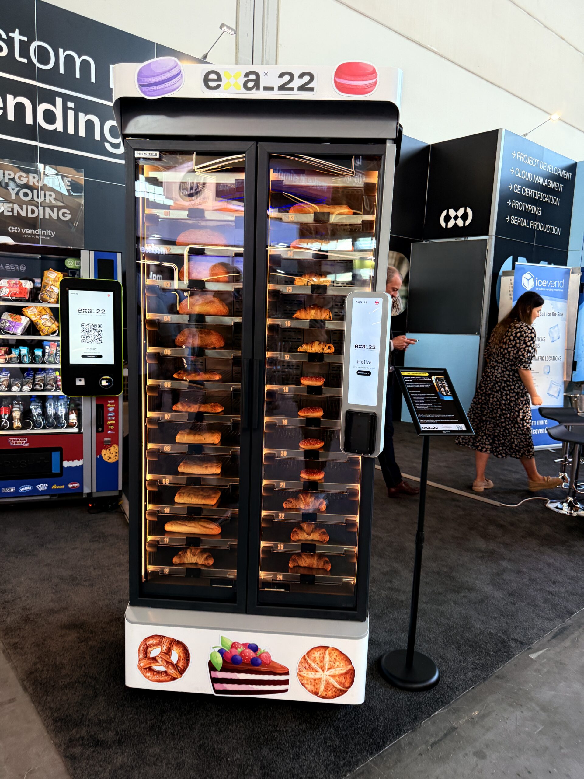 Touchscreen on a bakery vending machine showing product information and pricing