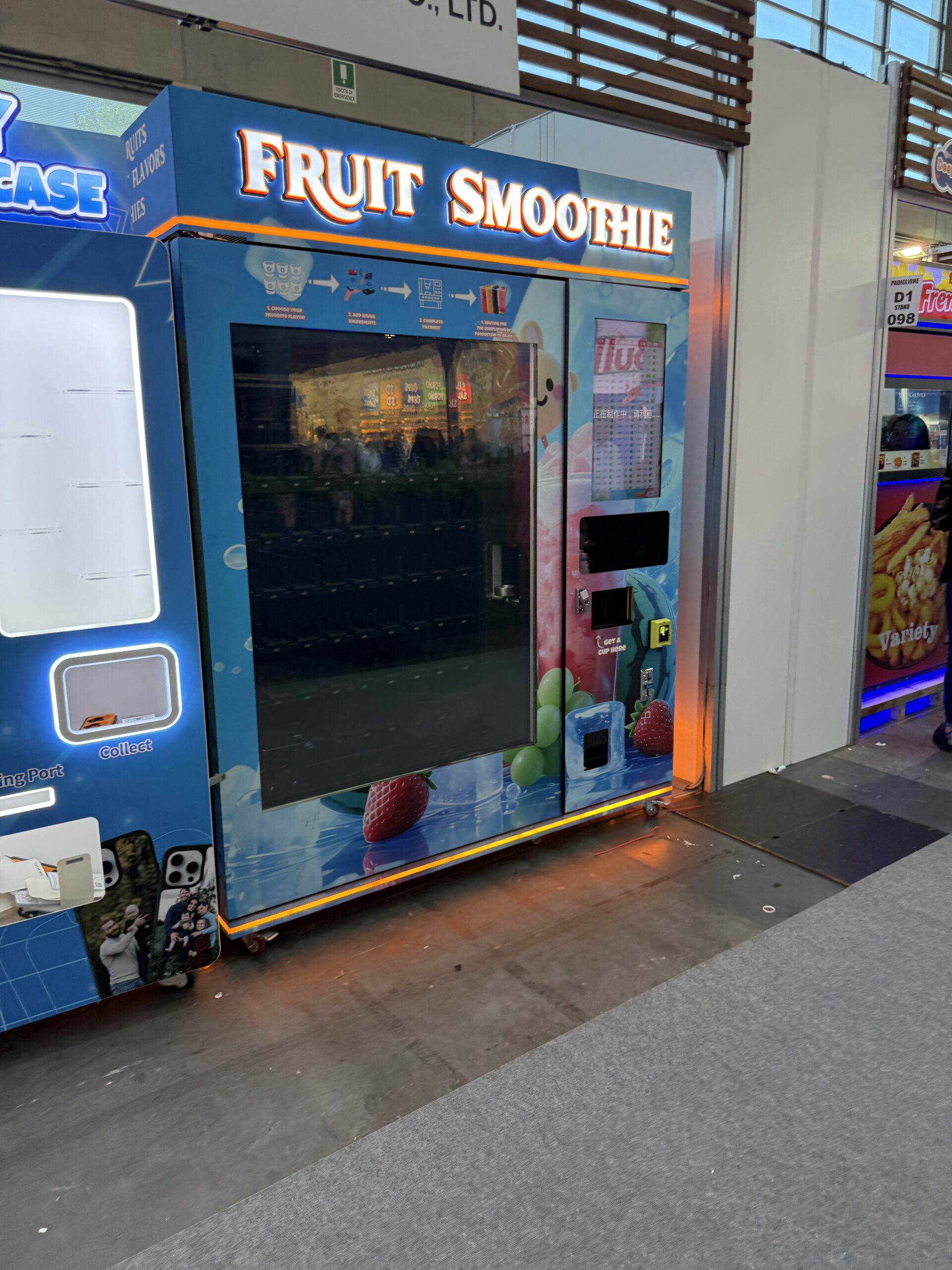 Touchscreen on a smoothie vending machine showing flavour selection