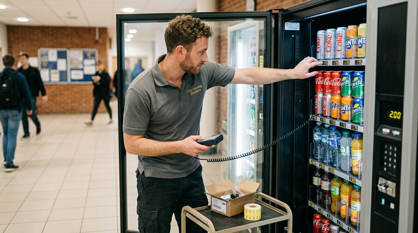 operator changing the prices of items in a drink vending machine