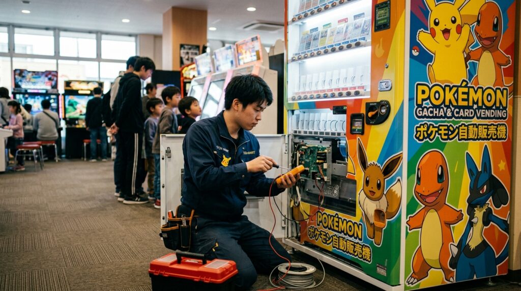operator maintaining pokemon vending machine