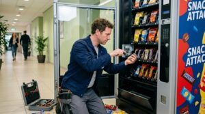 operator maintaining snack vending machine