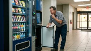 person trying to troubleshoot a combo vending machine