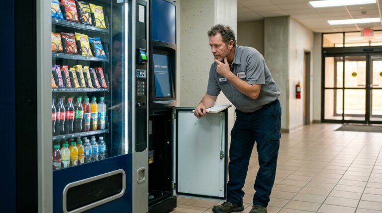 person trying to troubleshoot a combo vending machine