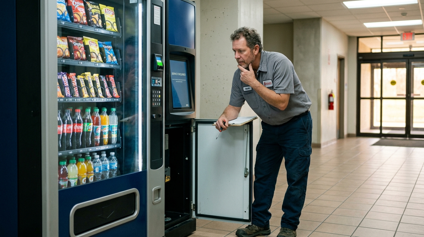 person trying to troubleshoot a combo vending machine