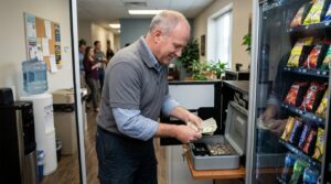 person counting revenue from his food vending machine