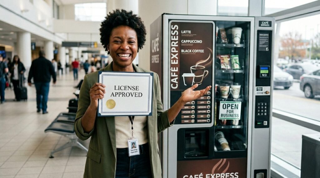 woman happy to get license approved to sell coffee through coffee vending machine