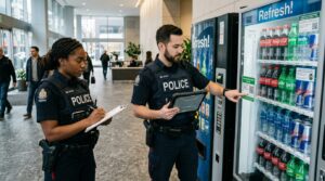 cops checking if a drink vending machine fulfills legal requirements