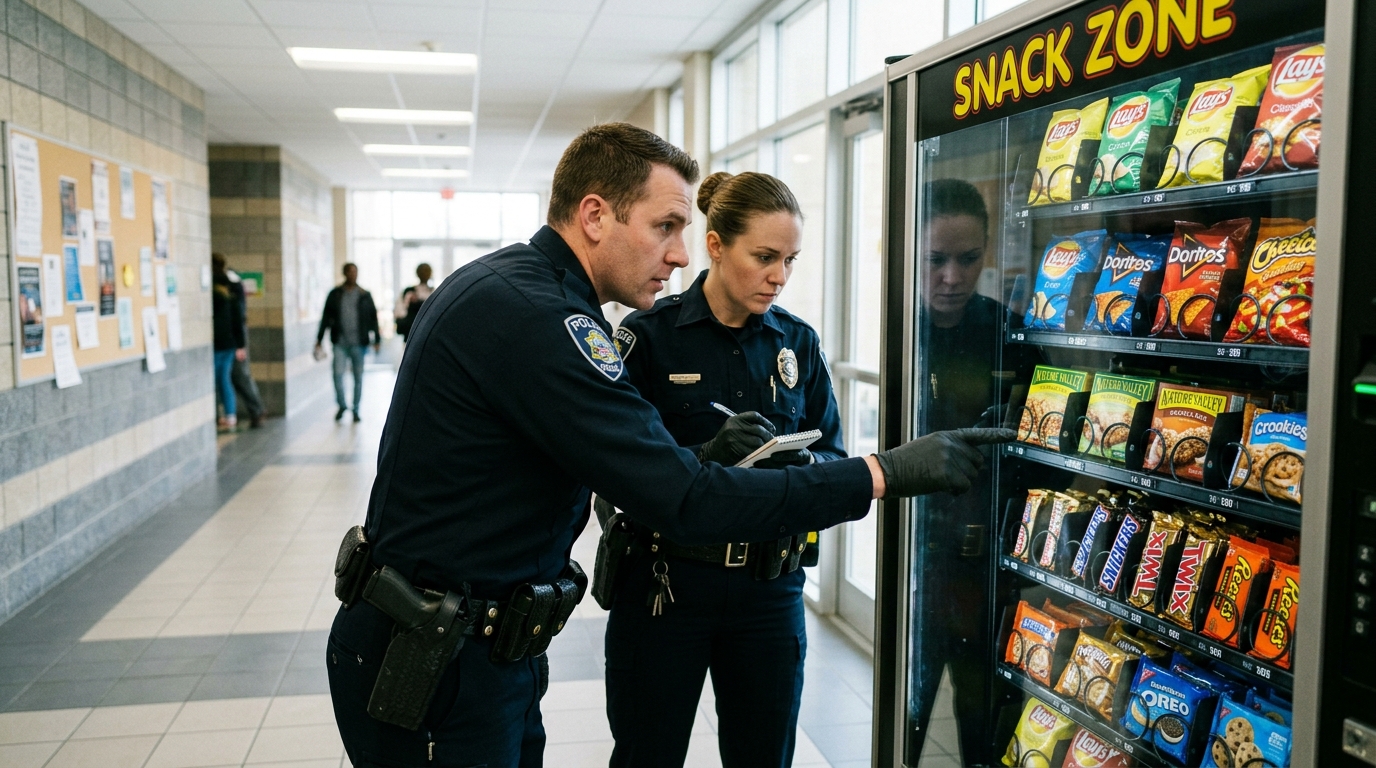 police checking which snacks are being sold in a vending machine