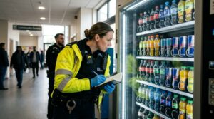 policewoman checking which drinks are being sold in a vending machine