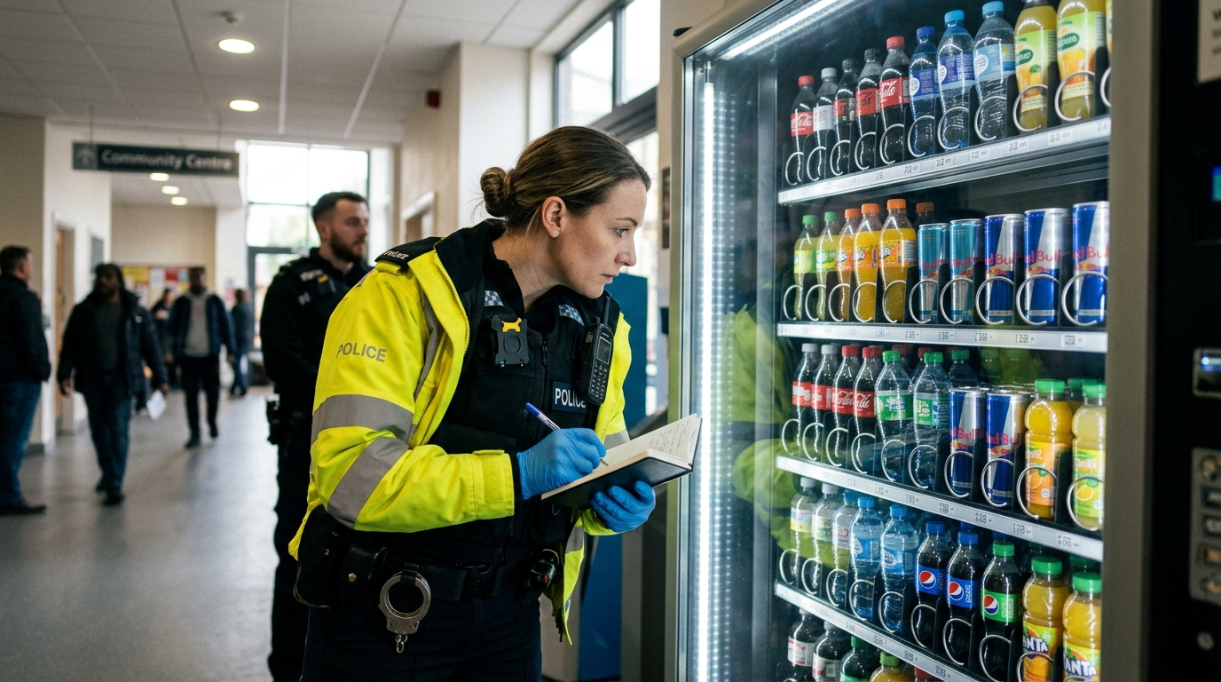 policewoman checking which drinks are being sold in a vending machine
