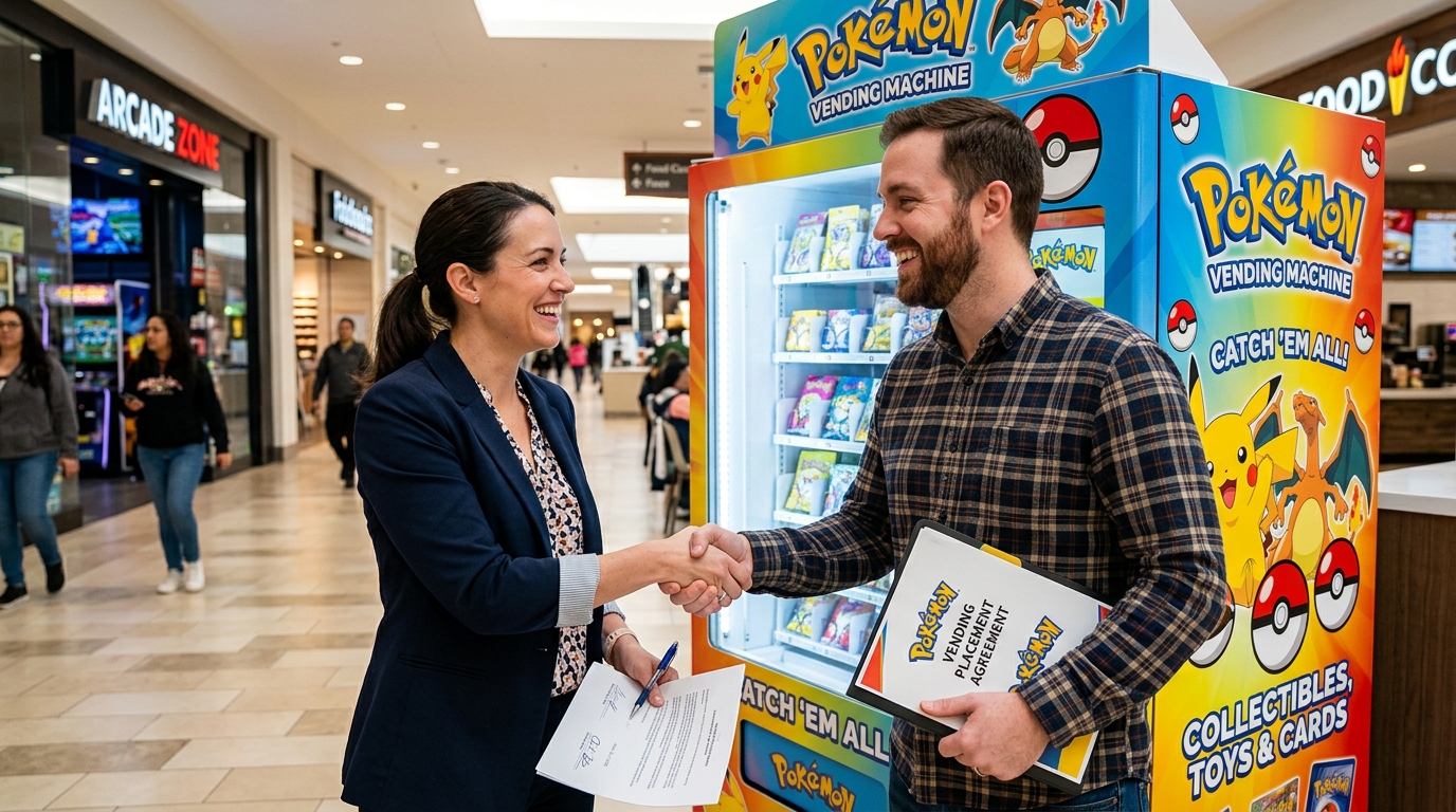 2 people happy over a successful Pokemon Vending Machine Placement Agreement