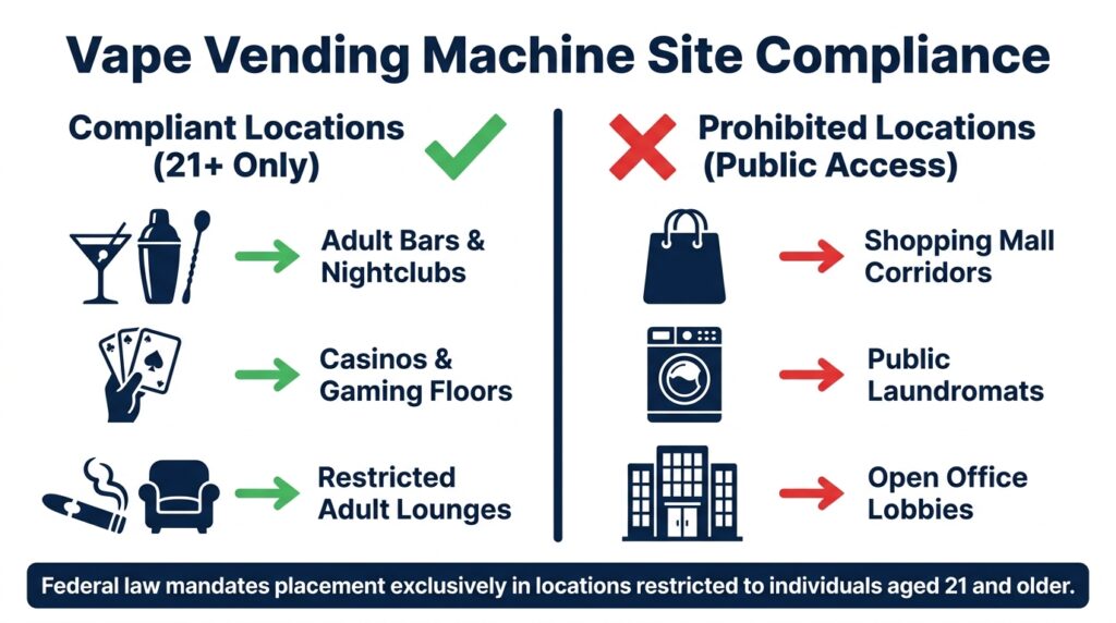 Educational infographic showing compliant 21+ venues (bars, casinos, lounges) versus prohibited public venues (malls, laundromats, lobbies) for vape vending machines on a white background