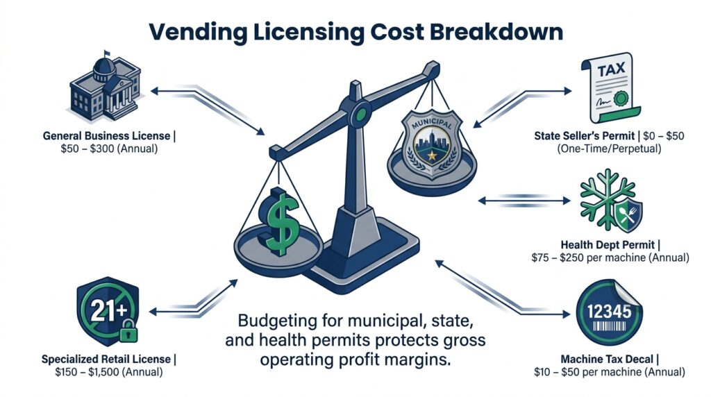 Breakdown diagram showing average costs and renewal frequencies for vending permits: General Business License, Sales Tax Permit, Health Permits, Tax Decals, and Specialized Licenses.