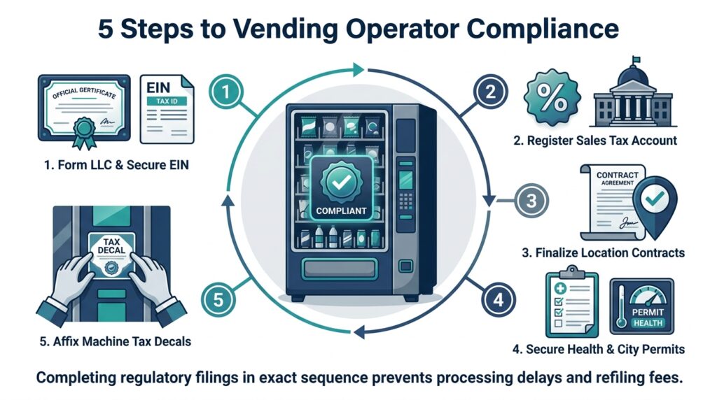 Step-by-step flowchart infographic detailing the 5 steps to vending operator compliance: Legal Entity & EIN, Sales Tax Setup, Location Contracts, Municipal Permits, and Tax Decals.