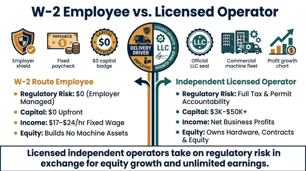 Side-by-side comparison infographic contrasting a W-2 Route Employee with an Independent Licensed Vending Operator across liability, permits, capital, and asset ownership.