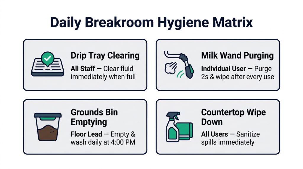 4-card operational matrix graphic showing daily cleaning schedules, responsible parties, and mandatory procedures on a white background.