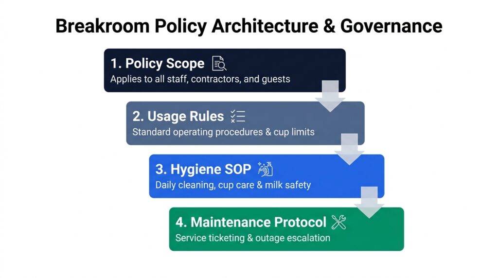 Modern flowchart diagram outlining breakroom governance across four pillars: Policy Scope, Usage Rules, Hygiene SOP, and Maintenance Escalation on a solid white background.