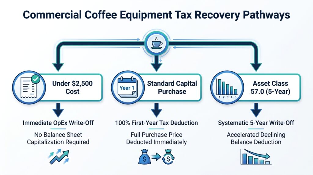 A 3-tier horizontal flowchart illustrating tax recovery pathways for commercial coffee equipment, including Safe Harbor Expensing, Section 179 Immediate Deduction, and 5-Year MACRS Depreciation on a solid white background.