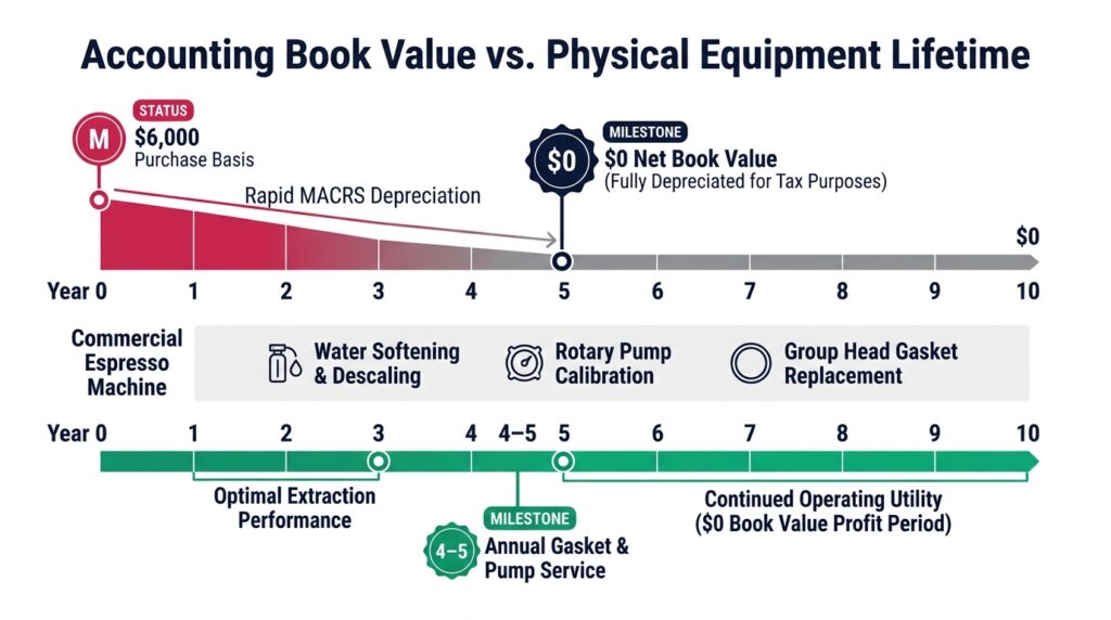 A dual-timeline diagram contrasting 5-year MACRS accounting depreciation against an extended 10-year physical machine life cycle with preventive maintenance on a white background.