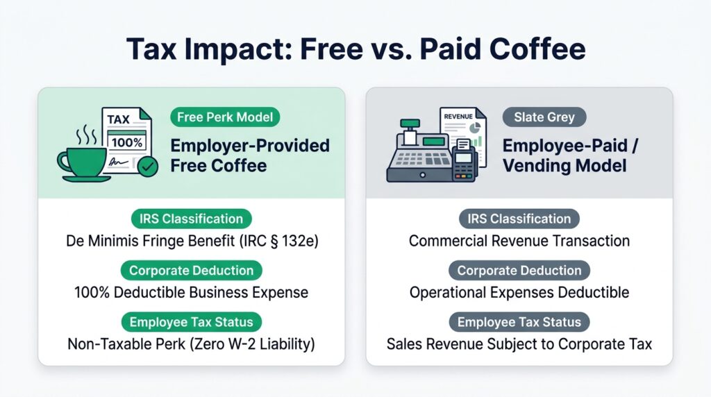 Visual comparison showing tax deduction benefits of providing free office coffee versus taxable revenue of employee-paid coffee on a white background.