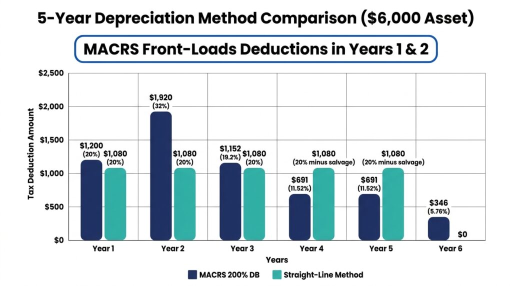 A side-by-side comparative column chart showing annual tax deduction percentages for a commercial coffee machine using MACRS 200% Declining Balance vs. Straight-Line depreciation on a white background.