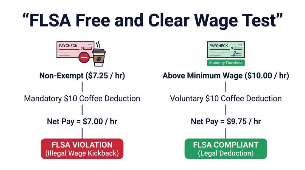 Flowchart and compliance test showing how office coffee deductions impact FLSA minimum wage rules on a white background.