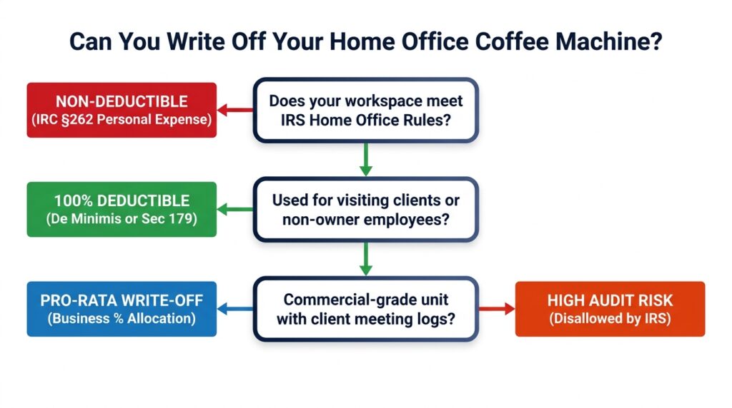 A visual decision flowchart determining whether a home office coffee machine is 100% deductible, pro-rata deductible, or non-deductible under IRS IRC Section 162 vs Section 262 on a white background.