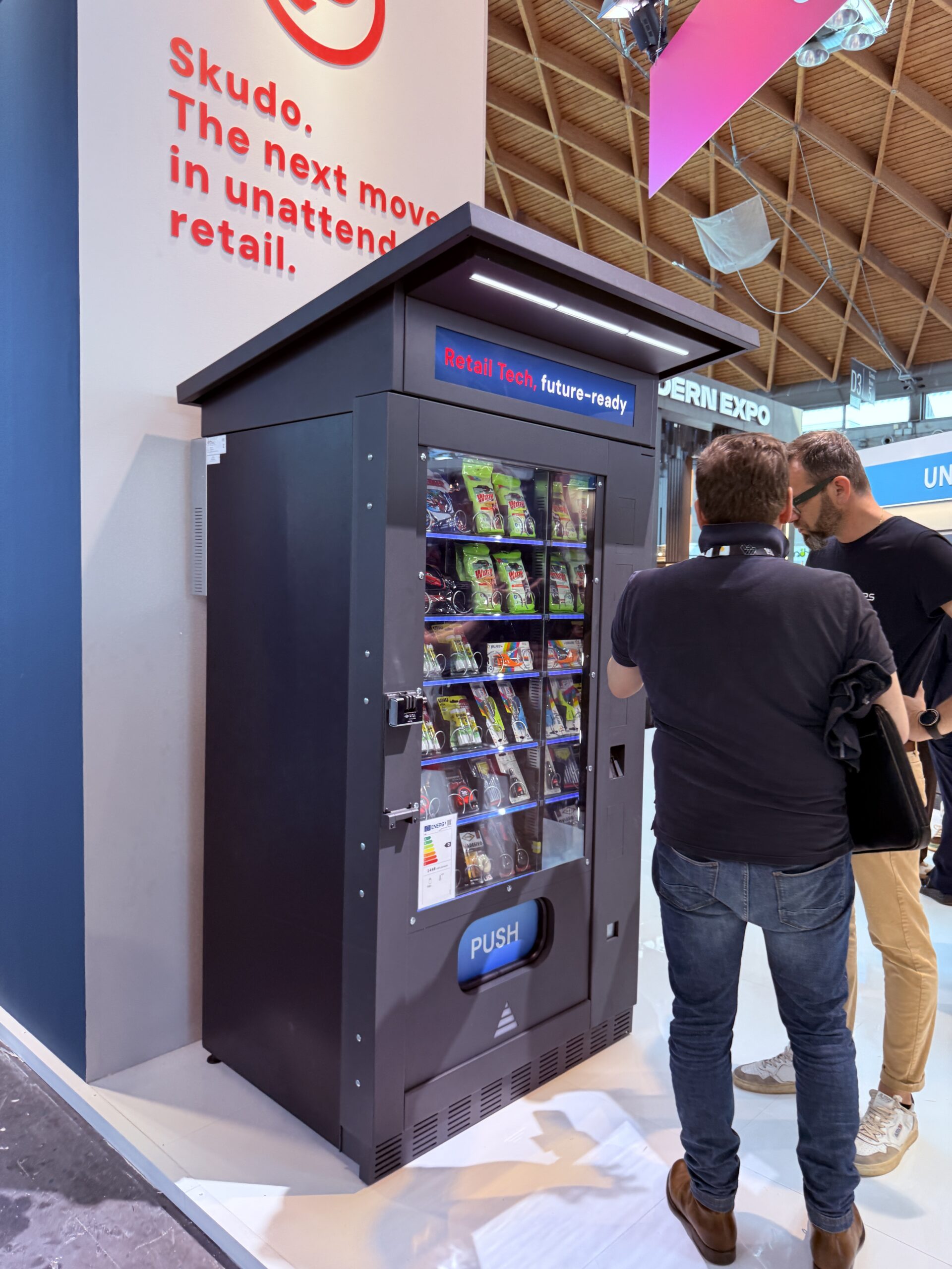 Outdoor vending machine operating at night