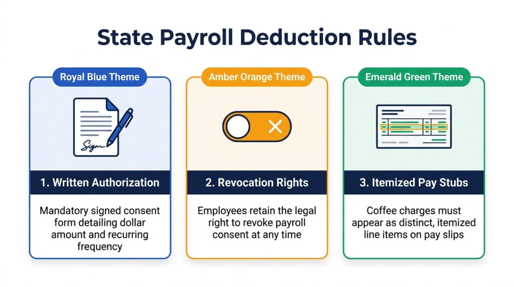 3-step compliance checklist for paycheck coffee deductions covering written authorization, revocation rights, and itemized pay stubs on a white background.