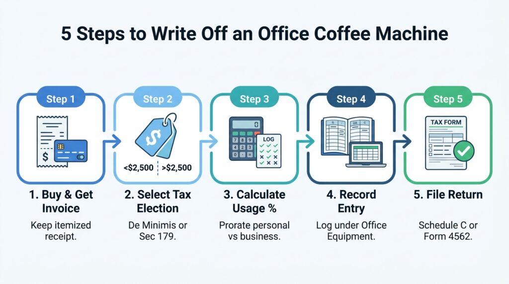 A 5-step horizontal linear process diagram outlining how to account for and write off a commercial coffee machine, from invoice to filing Form 4562 or Schedule C on a white background.