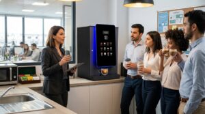 HR speaking to employees about coffee machine policies