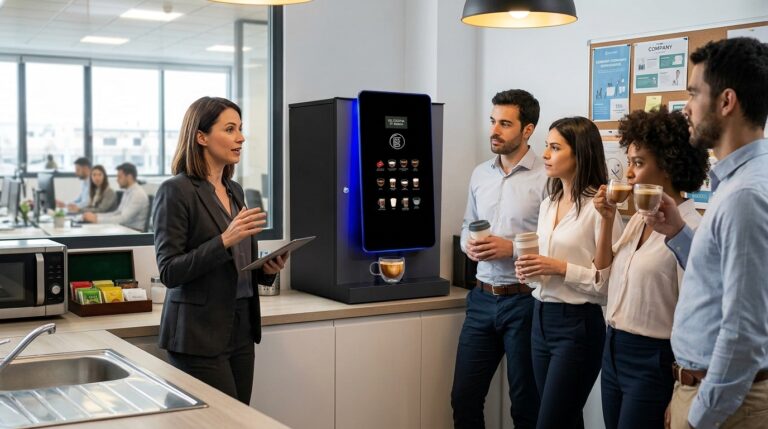 HR speaking to employees about coffee machine policies